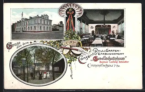 AK Crimmitschau i. Sa., Gasthaus Gesellaschaftshaus von Ludwig Scheufler, Innenansicht, Garten