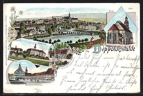 Lithographie Dippoldiswalde, Totalansicht, Amtsgericht, Kirche, Marktplatz mit Rathaus