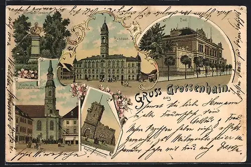 Lithographie Grossenhain / Sa., Rathaus, Post, Kupferbergturm