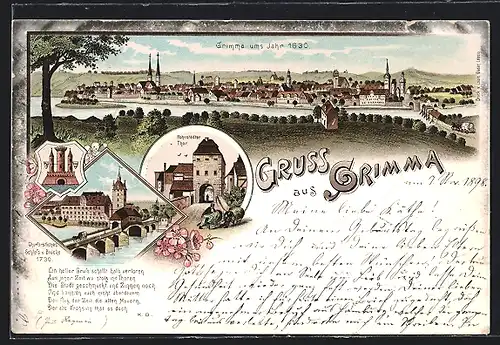 Lithographie Grimma, Panoramablick vom Ort, Ansicht vom Hohnstädter Thor