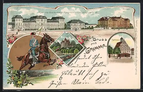 Lithographie Grimma, Kaserne des Husaren-Regiments Königin Karola No. 19, Gatters-Burg, Rathaus