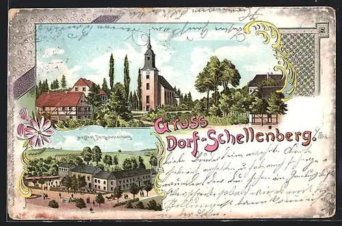 Lithographie Dorf-Schellenberg, Gasthof Dorfschellenberg mit Strasse, Ortspartie mit Kirche