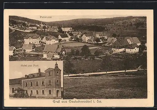 AK Deutschneudorf /Sa., Hotel zur Post mit Reisebus, Ortsansicht aus der Vogelschau