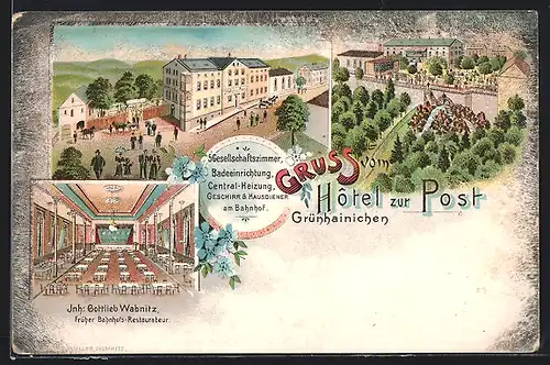 Lithographie Grünhainichen, Hotel zur Post mit Garten und Strasse, Saal mit Bühne