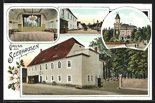 AK Seerhausen, Gasthaus zum Goldenen Löwen mit Gartenblick und Saal, Strassenpartie