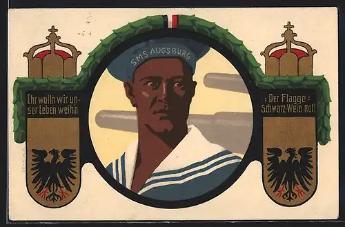 Künstler-AK Franz Jüchtzer unsign: Matrose der SMS Augsburg, Kaiserkrone und Eichenlaub