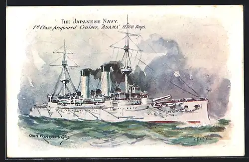 AK Kriegsschiff Asama in voller Fahrt