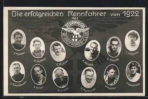 AK Erfolgreiche Rennfahrer von 1922, Sturmvogel W. Radfahrer-Club, F. Fischer, K. Reischl, F. Peresson