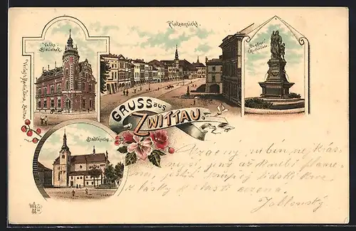 Lithographie Zwittau, Stadtkirche, Volks-Bibliothek, Platzansicht, Denkmal Mutterliebe
