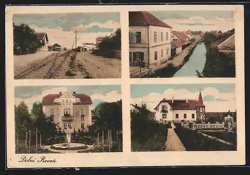 AK Dolni Roven, Eisenbahnschienen, Flusspartie, Haus mit Springbrunnen