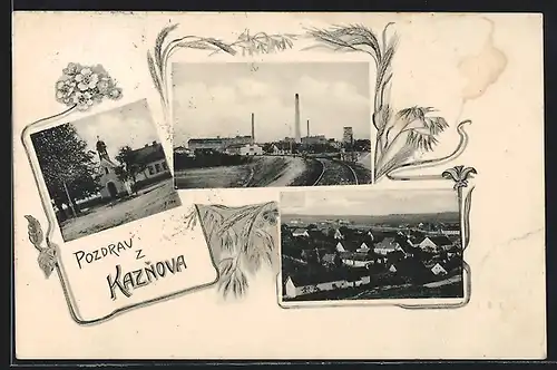 AK Kaznejov, Strassenpartie mit Kirche, Ortsansicht aus der Vogelschau, Blick zum Fabrikgelände