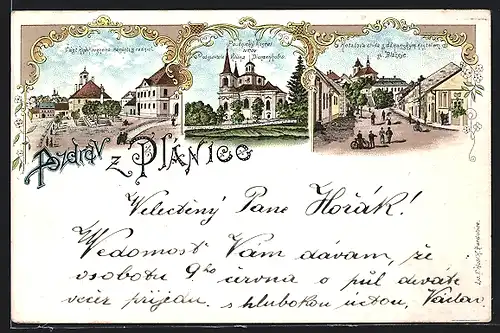 Lithographie Planice, Kotalova trida s dekamskym Kostalem sv. Blazeje, Cast Hnevkovskeho namestis radnici