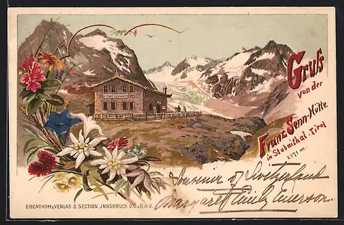 Lithographie Franz Senn-Hütte, Bergkulisse, Blumen