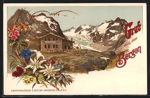 Lithographie Franz Senn-Hütte, Bergkulisse, Blumen
