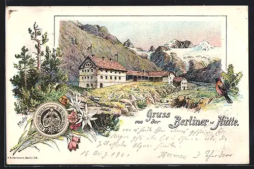 Lithographie Mayrhofen, die Berliner Hütte in den Bergen, Edelweiss