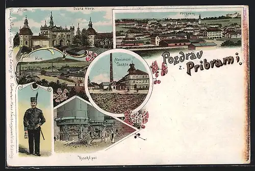 Lithographie Pribram, Marianske Sachta, Svata Hora, Vysaka pec, Bergarbeiter mit Lampe