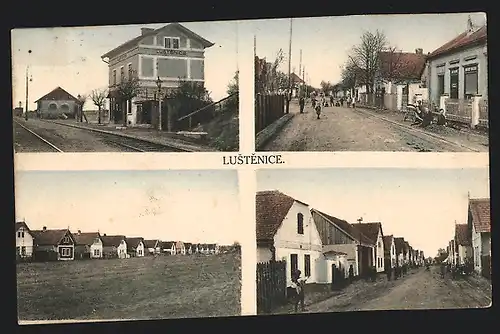 AK Lustenice, Bahnhof, Strassenpartie mit Geschäft, Ortspartie