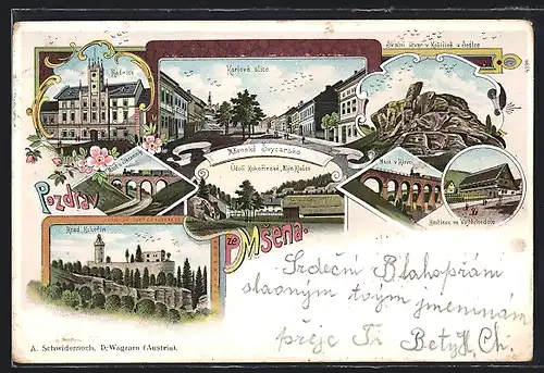 Lithographie Mseno, Údolí Kokorinské Mlyn Hlucov, Karlová ulice, Most v Hlovci