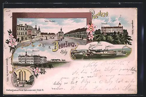 Lithographie Benesov, Velke Namesti, Pivovar a lihovar, Nemocnice