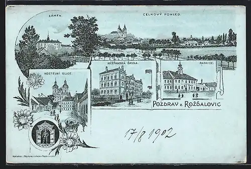 Lithographie Rozdalovice, Zamek, Kostelni Ulice, Radnice