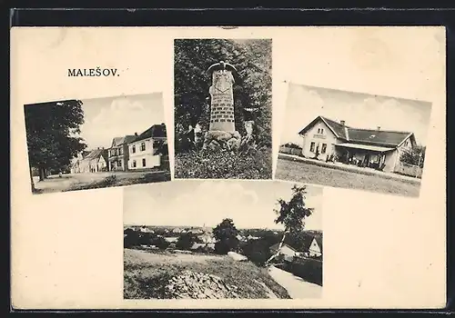 AK Malesov, Bahnhof, Kriegerdenkmal, Strassenpartie