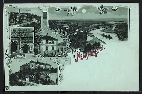 Lithographie Nelahozeves, Rodný dum mistra d. Antonina Dvoráka, Kostel, Zámek