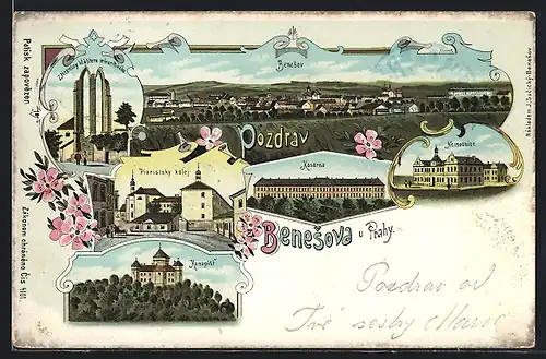 Lithographie Beneschau / Benesov, Nemocnice, Piaristská kolej, Kasarna