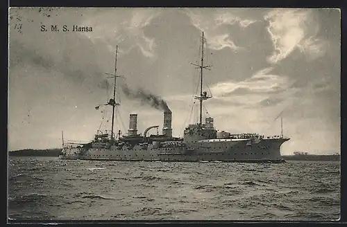 AK Kriegsschiff SMS Hansa des Ostasiengeschwaders auf See