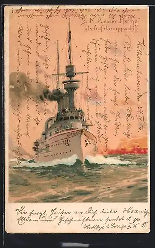 Künstler-AK Willy Stoewer: SM Kreuzer Hertha des Ostasiengeschwaders als Aufklärungsschiff