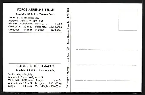 AK Republic RF 84 F Thunderflash, Force Aérienne Belge