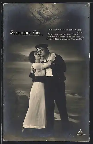 AK Seemannslos, Als nun die stürmische Nacht vorbei..., Kenterndes Schiff, Matrose mit Frau