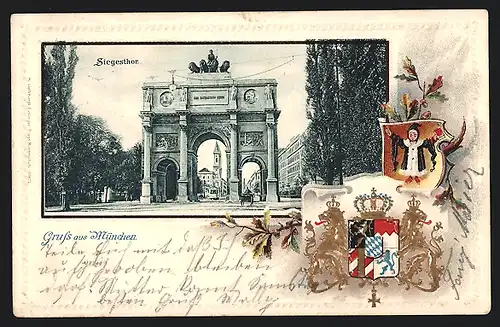 Passepartout-Lithographie München, Ansicht vom Siegesthor, Wappen