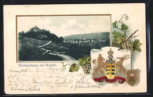 Passepartout-Lithographie Rothenberg / Stuttgart, Ortsansicht mit Kapelle, Wappen