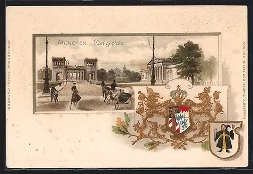 Passepartout-Lithographie München, Königsplatz mit Pferdewagen, Wappen