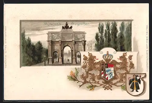 Passepartout-Lithographie München, Siegestor, Wappen und Münchner Kindl