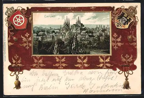 Passepartout-Lithographie Erfurt, Panorama, Wappen