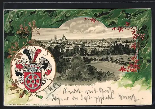 Passepartout-Lithographie Erfurt, Totalansicht, Wappen