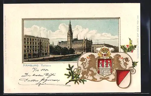 Passepartout-Lithographie Hamburg, Rathaus mit Wappen
