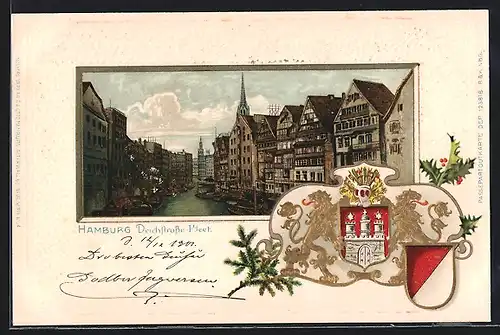 Passepartout-Lithographie Alt-Hamburg, Deichstrasse-Fleet, Geprägte Wappen