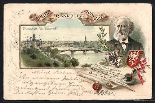 Passepartout-Lithographie Alt-Frankfurt, Panorama, Mundartdichter Friedrich Stoltze, Wappen