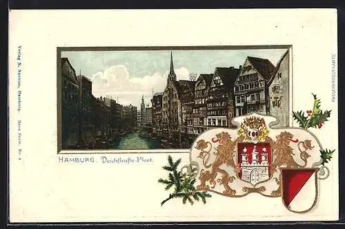 Passepartout-Lithographie Alt-Hamburg, Deichstrasse-Fleet, Geprägte Wappen