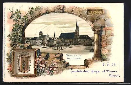 Passepartout-Lithographie Altötting, Ortspartie mit Kirche, Wappen