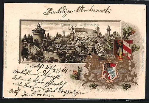 Passepartout-Lithographie Nürnberg, Panorama vom Hallerthor und Ortswappen
