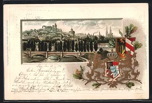 Passepartout-Lithographie Nürnberg, Wappen und Panorama von St. Johannis