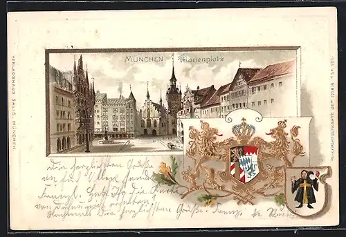 Passepartout-Lithographie München, Partie am Marienplatz, Wappen