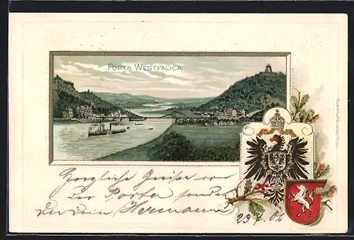 Passepartout-Lithographie Porta Westfalica, Flusspartie mit Denkmal, Wappen