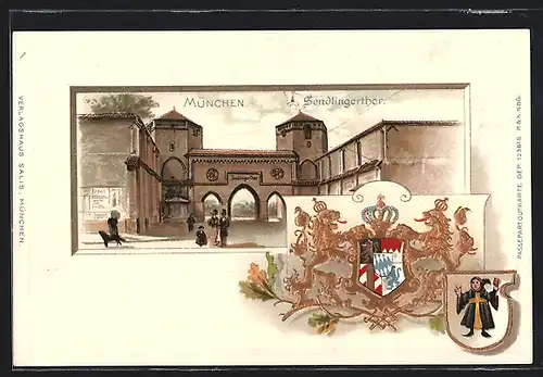 Passepartout-Lithographie München, Wappen von Bayern und München und Sendlingertor
