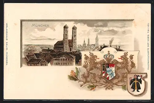 Passepartout-AK München, Ortsansicht, Wappen, Münchner Kindl