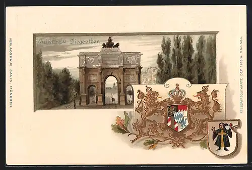 Passepartout-Lithographie München, Siegestor, Wappen und Münchner Kindl