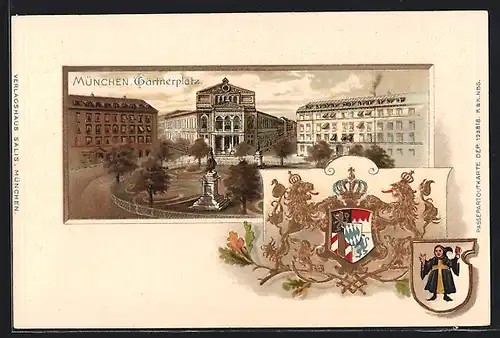 Passepartout-Lithographie München, Gärtnerplatz mit Wappen